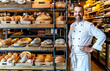 baker with stacked rows of shelves full of fresh baked bread specialities