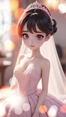 Wall Mural - Cartoon beautiful girl in wedding dress illustration video
