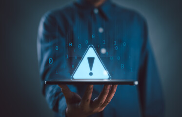 Poster - tablet shows a warning sign of system failure concept caution danger.