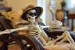 mannequin skeleton on a chaise lounge with a sunhat and sunglasses