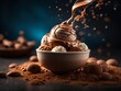 Italian mocha gelato in waffle cone, studio lighting and background, cinematic food photography, ice cream