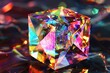 A holographic cube, seemingly made of fractured glass, shimmers with rainbow iridescence