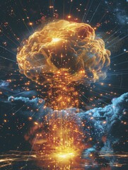 Wall Mural - stylized image of a mushroom cloud formed from data points, on a data explosion background, concept 
