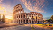 The Colosseum of Rome, Italy, sunset, light purple and orange, sky blue and silver - Generative AI