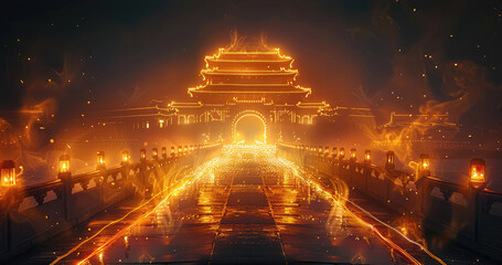 Wall Mural - At night the long road is covered in gold, forming many path to the distance, with a Chinese-style city gate is wrapped in the distance. Generative AI.