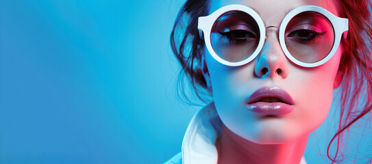 A woman wearing white sunglasses with a blue background. The sunglasses are on her face and she has a smile on her face. Futuristic high fashion female model with stylish sunglasses