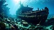 sunken ship wreck resting on the ocean floor