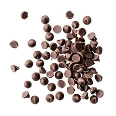 chocolate chips scattered on white background, chocolate chips floating , dark chocolate chips