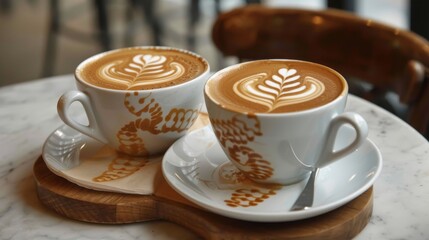 Two cups of coffee with a leaf design on the side. The cups are on a wooden tray