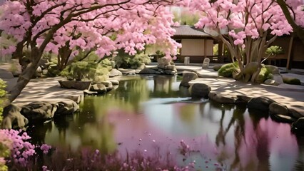 Wall Mural - Cherry blossoms in a Japanese garden with a pond and a house, AI Generated