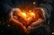 Radiant human heart cradled in gentle hands, glowing digital illustration