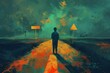Man at crossroads, deciding for environment protection. Concept illustration, digital painting.