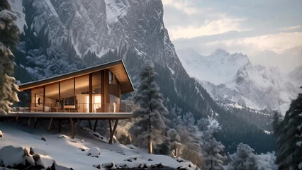 Sticker - 3d rendering of modern cozy chalet with pool and parking for sale or rent in luxurious style. Mountain winter landscape with forest, AI Generated