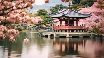 Poster - Beautiful cherry blossom and japanese pagoda in garden, AI Generated