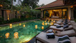 A luxury pool villa where the swimming pool is adorned with floating lights, creating a magical ambiance. 