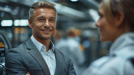 Canvas Print - The young director of the plant in a gray suit, smiles at the security guard of the enterprise. Generative AI.