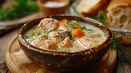 Wall Mural - A rustic Finnish salmon soup, brimming with chunks of tender salmon, potatoes, carrots, and dill, simmered in a creamy broth and served with crusty bread rolls on the side.