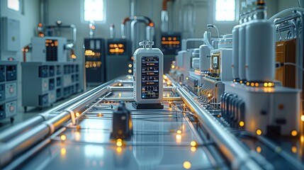 Aufkleber - A dynamic scene showing the process of creating a smartphone, from design to manufacturing and market launch. Generative AI.