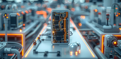 Aufkleber - A dynamic scene showing the process of creating a smartphone, from design to manufacturing and market launch. Generative AI.
