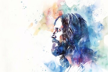 Wall Mural - Watercolor portrait of Jesus Christ with copy space, religious illustration