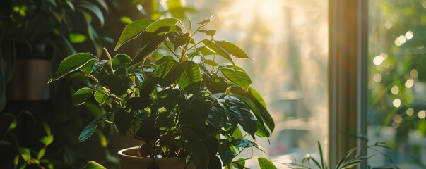 Wall Mural - Indoor plant basking in sunlight by the window