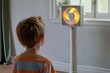 kid watching an oscillating tower fan moving side to side