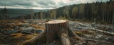 Fototapeta  - Stump in a deforested area with cloudy sky
