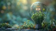 Light bulb with green plants on a forest floor