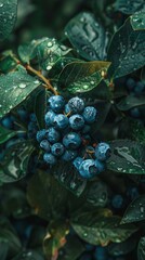 Wall Mural - Fresh blueberries with water drops on leaves