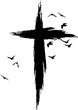 Cross silhouette in hand-painted style. Religion symbol with flying birds