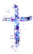 Cross silhouette in hand-painted style. Colorful religion symbol  with flying music notes