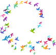 Flying rainbow birds. Decoration element from scattered colorful silhouettes.