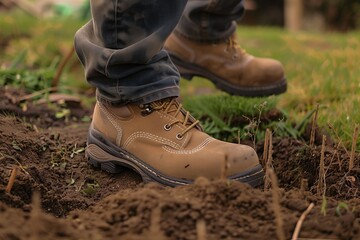 Canvas Print - person in work boots stepping onto newly laid sod to secure it