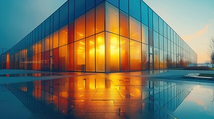 Aufkleber - The yellow and blue gradient glass rectangle in front of the glass window and streamlined design of the modern corporate building. Generative AI.