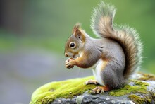 Squirrel With Bushy Tail Eating Beech Nut On Mossy Stone