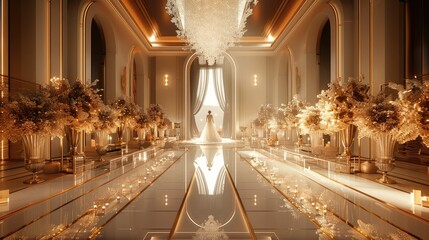 Poster - A high-end wedding dreamscape. The luxury is palpable, with golden tones illuminating glass textures and 3D mirror symmetry. Generative AI.