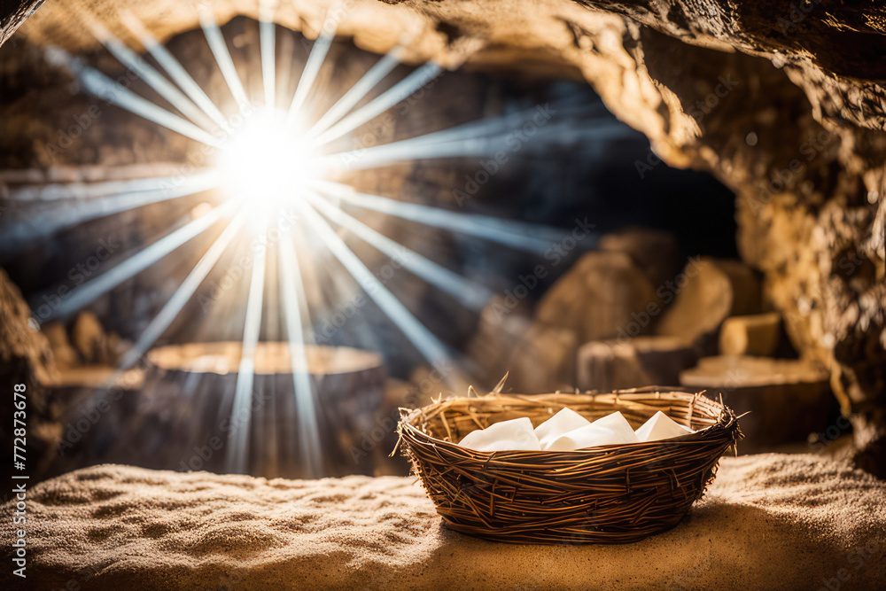 Waiting Birth Of Jesus Christ With Manger In Cave With Holy Light And ...