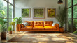 Cozy living room with natural light Complete with a luxurious orange leather sofa. colorful trees and nature themed artwork