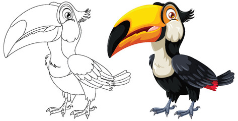 Canvas Print - Outlined and colored toucan side by side.