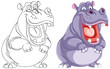 Two cheerful hippos, one colored and one outlined.