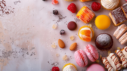 Wall Mural - Variety of pastries on table, background, gourmet, sweet food, chocolate