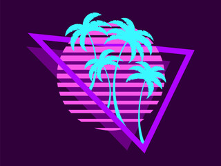 Wall Mural - 80s retro sci-fi palm trees on a sunset. Retro futuristic sun with palm trees in a triangular frame. Synthwave style. Design for advertising brochures, banners and posters. Vector illustration