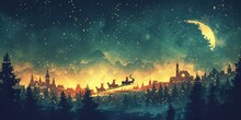 Minimalistic Design Santa Claus On The Reindeer Sleigh Over The Sky And Village Background