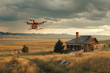 Quadcopter delivery man carries cargo to a rural house. Ai generated.	
