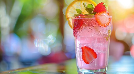 Wall Mural - A refreshing glass of strawberry lemonade with a strawberry garnish. 