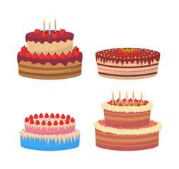 Wall Mural - Colorful delicious desserts, birthday cakes with celebration candles and chocolate slices. Flat set of cake birthday vector icons for web design. Tasty sweet desserts isolated on white background