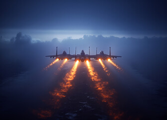 Military fighter jet in the night sky above the ocean