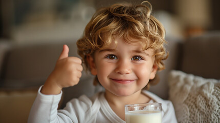 Wall Mural - A cute little boy smiling with glass of milk, fresh milk, Adorable kid, curly hair, healthy diet, thumbs up