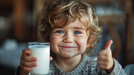 Wall Mural - A cute little boy smiling with glass of milk, fresh milk, Adorable kid, curly hair, healthy diet, thumbs up