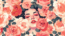 Portrait Of A Person With A Rose Girl With Flowers In Hair Seamless Pattern With Pink Flowers, Evoking The Joy And Energy Of The Sunny Season, Generative AI.
